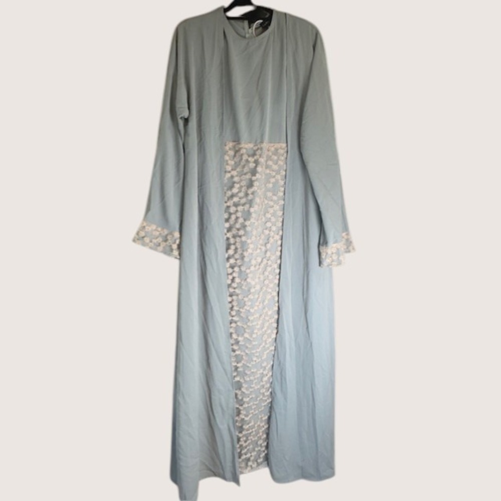 Lama Modest Light Blue Abaya‎ Set Floral Lace Maxi Dress and Long Wrapper 2pc